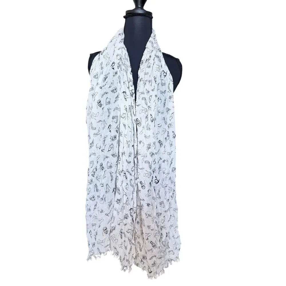 White novelty shoe print gauzy scarf high heels girly flirty whimsical